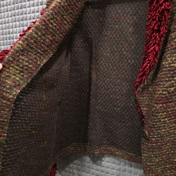 VTG Red Fringe Cardigan Sweater SzM Holiday Thin Knit Wool Shoulder Pads 80s 90s - Picture 11 of 16